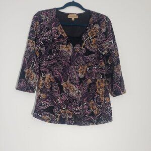 Notations Womens Stretch Paisley Blouse Size M Stretch V‎ Neck Glitter Feminine